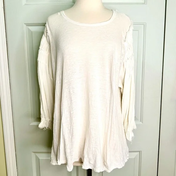 Free People Oversized Linen Cotton Blend Ruched Long Sleeves Top Sz Large - Picture 3 of 14